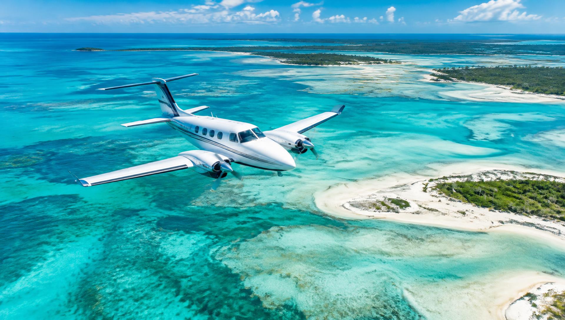 Twin-engine aircraft over Bahamian waters (illustrative)