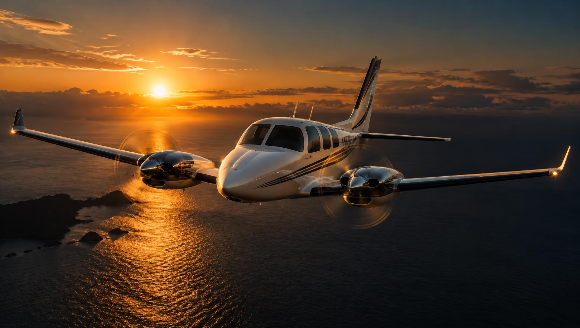 White twin-engine piston aircraft flying over the ocean at sunset (illustrative)