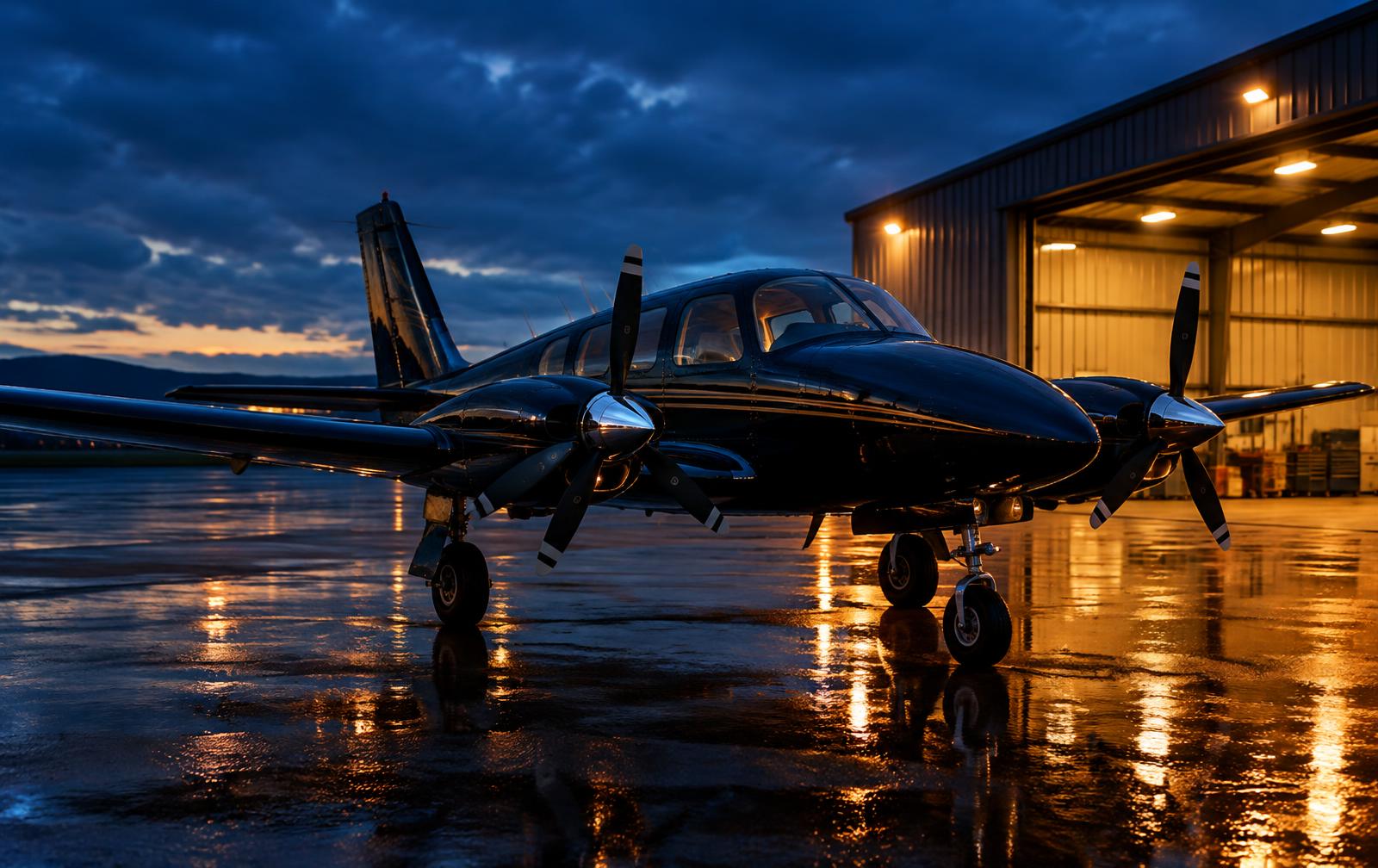 Twin-engine piston aircraft parked on a wet apron at blue hour beside a lit hangar (illustrative)