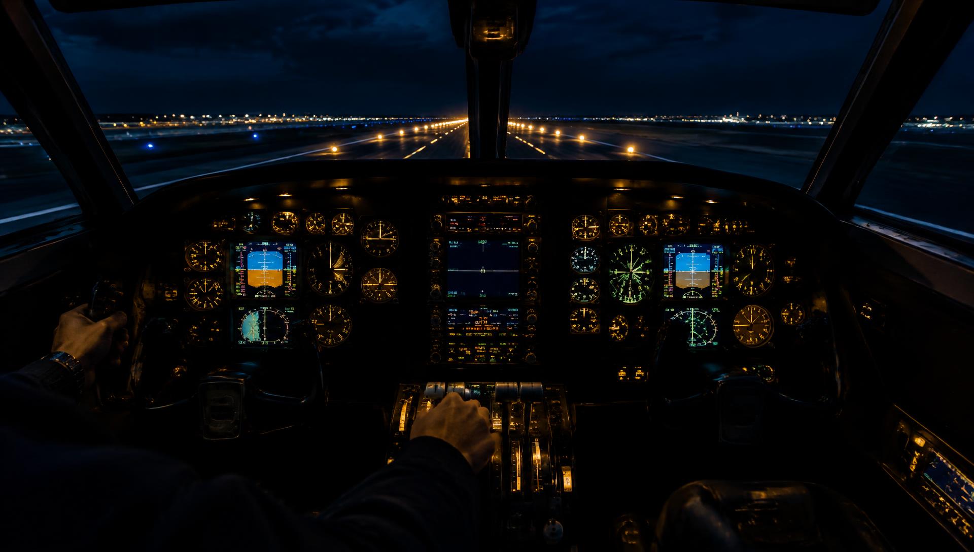 Cockpit at night facing the runway (illustrative)